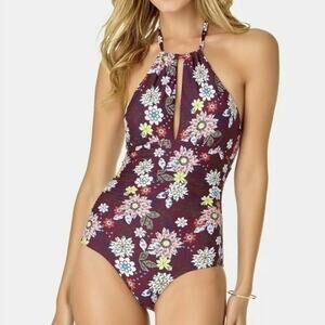 Anne Cole Shirred Front Keyhole Highneck One Piece Wine Floral Size 12 halter